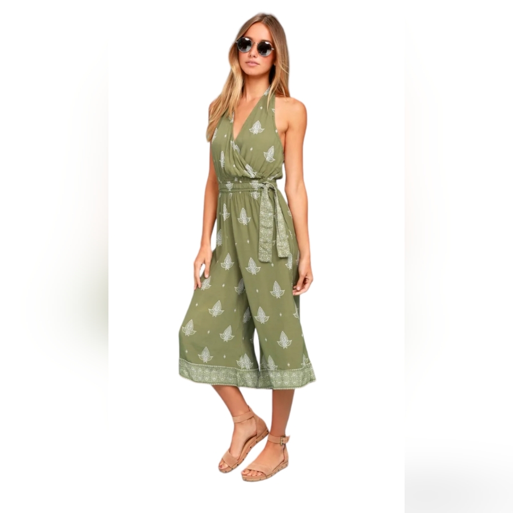 Faithfully The Brand Lima Sage Green Print Halter midi jumpuit size 6
